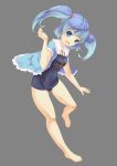  barefoot blue_eyes blue_hair blush feet full_body grey_background hair_bobbles hair_ornament highres kawashiro_nitori key masatome one-piece_swimsuit open_clothes open_mouth open_shirt school_swimsuit short_hair smile solo swimsuit touhou twintails 