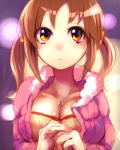  blurry blush bokeh breasts brown_eyes brown_hair bust cleavage coat collarbone depth_of_field idolmaster idolmaster_cinderella_girls jewelry large_breasts looking_at_viewer necklace parka solo totoki_airi twintails yuura 