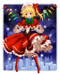  alternate_costume black_legwear blonde_hair boots capelet christmas city corset crystal dress fang flandre_scarlet gloves hat hat_ribbon highres open_mouth red_eyes ribbon short_hair side_ponytail smile solo touhou untsue wings 