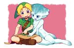  1girl barefoot blonde_hair blush boots breast_press hat indian_style link monster_girl ocarina_of_time om_(artist) pointy_ears princess_ruto sitting smile sweat the_legend_of_zelda webbed_feet zora 