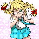  ahoge alternate_hairstyle blonde_hair bow character_request clearite glasses green_eyes hair_bow heart hoshii_miki idolmaster long_hair lowres skirt smile solo twintails wink 