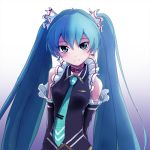  blue_hair blush choker detached_sleeves earrings hatsune_miku jewelry konbeki long_hair looking_at_viewer lowres necktie smile solo twintails very_long_hair vocaloid 