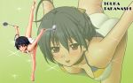  alternate_hairstyle black_hair chuunibyou_demo_koi_ga_shitai! dual_wielding flexible gymnastics highres kimuti-g ladle leg_up leotard long_hair red_eyes short_hair solo standing_on_one_leg takanashi_touka zoom_layer 