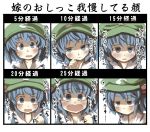 blue_eyes blue_hair chart gaoo_(frpjx283) hair_bobbles hair_ornament hat have_to_pee highres kawashiro_nitori open_mouth short_hair sweatdrop tears touhou translated twintails 