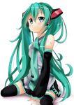 detached_sleeves green_hair hatsune_miku headset highres jasied long_hair looking_at_viewer necktie sitting skirt solo thigh-highs thighhighs twintails very_long_hair vocaloid 