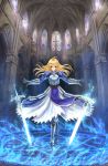  ahoge armor armored_dress blonde_hair caliburn church cross dress excalibur fate/stay_night fate_(series) gauntlets green_eyes highres long_hair magic_circle planted_sword planted_weapon saber solo stained_glass sword weapon zhouran 