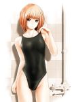  black_eyes competition_swimsuit faucet highres kirin404 one-piece_swimsuit orange_hair original revision short_hair solo swimsuit 