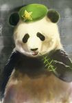  animalization beret hat hong_meiling hong_meiling_(panda) leaf mitsuki_yuuya open_mouth panda star touhou wall 