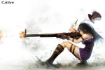  blue_eyes boots caitlyn_(league_of_legends) casing_ejection character_name firing gloves gun hat highres league_of_legends lips long_hair nose rifle shell_casing skirt squatting thigh_strap weapon zhang_xiao_bo 