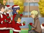  adult afuro_terumi androgynous brown_hair christmas gift gloves hat inazuma_eleven_(series) inazuma_eleven_go izumi_kanaaki katayama_tsuyoshi kishibe_taiga long_hair male mizuhara_aki multicolored_hair multiple_boys open_mouth purple_hair sack santa_costume santa_hat smile taki_sousuke taki_yoshihiko tobisawa_mana two-tone_hair 