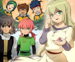  4boys blue_eyes blue_hair brown_eyes brown_hair closed_eyes eyes_closed glasses inazuma_eleven_(series) inazuma_eleven_go inazuma_eleven_go_chrono_stone jeanne_d&#039;arc_(inazuma_eleven) jeanne_d'arc_(inazuma_eleven) jewelry kirino_ranmaru long_hair matsukaze_tenma mizuhara_aki multiple_boys multiple_girls musical_note necklace open_mouth pink_hair raimon shindou_takuto soccer_uniform sorano_aoi tsurugi_kyousuke twintails 