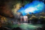  cloud creature highres lake landscape nature no_humans original red_eyes sky tree water waterfall yilx 