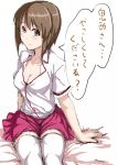  blush breasts brown_eyes brown_hair character_request clearite cleavage hagiwara_yukiho idolmaster short_hair simple_background skirt smile solo thigh-highs thighhighs translation_request white_background white_legwear 