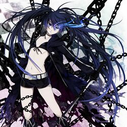  bikini_top black_hair black_rock_shooter black_rock_shooter_(character) blue_eyes chain chains glowing glowing_eyes midriff navel osamu_(jagabata) resized revision shorts solo twintails 