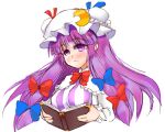  :t book bookshelf bow breasts bust capelet crescent dress hair_bow hat long_hair mabuchoco_m patchouli_knowledge purple_eyes purple_hair ribbon solo touhou violet_eyes 