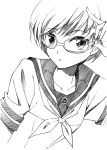  adjusting_glasses agahari bust glasses greyscale long_hair looking_at_viewer monochrome open_mouth persona persona_4 satonaka_chie school_uniform serafuku short_hair simple_background smile solo white_background 