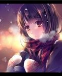  blush brown_eyes brown_hair can cold highres holding letterboxed long_hair mittens original ringonotane scarf snowing solo striped striped_scarf 