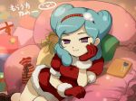  beta_(inazuma_eleven) blue_hair christmas gift gloves hairband heart inazuma_eleven_(series) inazuma_eleven_go inazuma_eleven_go_chrono_stone mizuhara_aki purple_eyes santa_costume smile solo violet_eyes 