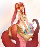  blush bouquet breasts cleavage drawfag fangs flower full-face_blush hair_flower hair_ornament highres lamia large_breasts long_hair midriff miia_(monster_musume) monster_girl monster_musume_no_iru_nichijou navel open_mouth pointy_ears ponytail red_hair redhead scales smile snake_tail solo tabard very_long_hair yellow_eyes 