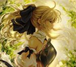  ahoge armor bare_shoulders blonde_hair breastplate detached_sleeves fate/stay_night fate/unlimited_codes fate_(series) green_eyes hair_ribbon leaf lips long_hair manbosakuranbo ponytail profile revision ribbon saber saber_lily solo 