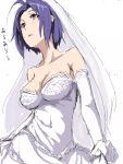  breasts clearite dress elbow_gloves gloves idolmaster miura_azusa purple_hair red_eyes simple_background solo wedding_dress white_background 