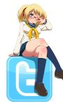  arm_support blonde_hair commentary crossed_legs hair_ribbon hayashi_kasutamu icon legs_crossed looking_at_viewer pleated_skirt ribbon school_uniform serafuku short_twintails simple_background sitting skirt smile socks solo twintails twitter v_over_eye white_background wink 