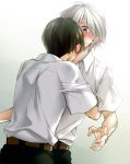  blush brown_hair hug ikari_shinji multiple_boys nagisa_kaworu neon_genesis_evangelion p414 red_eyes short_hair surprised white_hair yaoi 