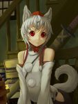  animal_ears bare_shoulders blush book chair chin_strap detached_sleeves gishu hat inubashiri_momiji pom_pom_(clothes) red_eyes sheath sheathed short_hair silver_hair sitting solo stairs sword tail tokin_hat touhou weapon window wolf_ears wolf_tail 