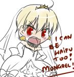  bare_shoulders blonde_hair blush bridal_veil chibi crossdressinging crown dress elbow_gloves english eyes fang fate/stay_night fate/zero fate_(series) gilgamesh gloves jewelry ladymarta lowres necklace red_eyes short_hair solo text veil wedding_dress 