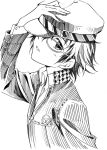  agahari blush bust cabbie_hat glasses greyscale hand_on_head hat hat_tip head_tilt looking_at_viewer monochrome open_mouth persona persona_4 shirogane_naoto short_hair simple_background solo white_background 