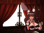  animal_ears black_hair book breasts bunny_ears capelet chair cleavage cup curtains green_eyes holding holding_book jon_sandman open_book original rabbit_ears short_hair solo table teacup window wrist_cuffs 