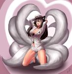  1girl ahri_(league_of_legends) animal_ears black_hair breasts cleavage facial_mark fox_ears fox_tail girls&#039;_generation hat high_heels highres kneeling league_of_legends shoes shorts solo tail uniform yellow_eyes 