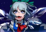  blue_eyes blue_hair bow cirno dress hair_bow ice ice_wings open_mouth short_hair short_sleeves smile solo touhou wings yuura 