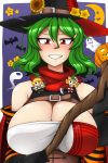  bat breasts cleavage crescent_moon elly ghost grin halloween hat impossible_clothes impossible_shirt kazami_yuuka kurumi_(touhou) large_breasts minigirl moon multiple_girls pumpkin scarf scythe short_hair smile staff strap touhou touhou_(pc-98) unadare witch_hat 