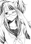  adjusting_glasses agahari bust glasses greyscale kujikawa_rise long_hair looking_at_viewer monochrome persona persona_4 school_uniform serafuku simple_background smile solo twintails white_background wink 