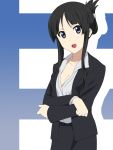  :o adult akiyama_mio alternate_hairstyle black_eyes black_hair breasts business_suit cleavage crossed_arms face formal ikari_manatsu k-on! long_hair pencil revision smile solo suit 空调628 