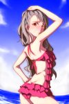  arm_up ass back black_hair blush clearite cloud from_behind grey_hair hand_on_hip hand_over_head idolmaster idolmaster_cinderella_girls kamiya_nao long_hair looking_at_viewer looking_back outdoors posing red_eyes sea sky smile solo standing sweatdrop swimsuit wading water wavy_mouth 