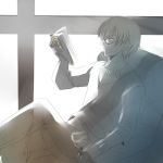  bespectacled book cup fate/stay_night fate/zero fate_(series) gilgamesh glasses jewelry ladymarta male monochrome necklace reading reclining red_eyes short_hair solo spot_color wine_glass 