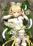  absurdres aqua_eyes arm_warmers blonde_hair daisy detached_sleeves feathers flower hair_ornament hair_ribbon hairclip headphones highres ito_shi kagamine_rin kagamine_rin_(append) navel revision ribbon short_hair shorts smile solo spider spider_web vocaloid vocaloid_append 
