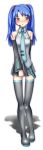  blue_hair blush clearite cosplay hatsune_miku hatsune_miku_(cosplay) idolmaster kisaragi_chihaya long_hair simple_background skirt solo thigh-highs thighhighs vocaloid white_background 