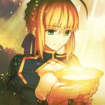  absurdres ahoge blonde_hair braid breasts cleavage cleavage_cutout dress fate/stay_night fate_(series) french_braid glowing goblet green_eyes hair_bun hair_ribbon highres holy_grail puffy_sleeves ribbon saber smile solo takeuchi_takashi 
