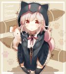  black_legwear border breasts character_name dotted_outline hair_ornament hairclip hoodie jacket kneeling long_hair looking_at_viewer monomi_(dangan_ronpa) nanami_chiaki necktie open_mouth paw_print pink_eyes pink_hair red_eyes ribbon shin_(hetaling) short_hair silver_hair skirt solo stuffed_animal stuffed_bunny stuffed_toy super_dangan_ronpa_2 thigh-highs thighhighs 