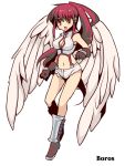  1girl angel_wings bare_shoulders character_name cleavage_cutout cutoffs gloves gradient_eyes magic:_the_gathering midriff multicolored_eyes oshiruko_(tsume) personification ponytail red_hair redhead short_shorts shorts solo suspenders wings 