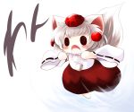  animal_ears chibi detached_sleeves hat highres inubashiri_momiji skirt solid_circle_eyes solo tail tokin_hat touhou white_hair wolf_ears wolf_tail yume_shokunin 