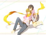  1girl barefoot belt black_hair blonde_hair blush bracelet closed_eyes couple dress durarara!! eyes_closed heart hug hug_from_behind jeans jewelry kida_masaomi kneeling mikajima_saki revision ria scarf short_hair simple_background sitting smile yellow_eyes 