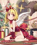  ahoge barefoot basket blonde_hair blush bottomless bow candy_cane christmas christmas_tree flying_sweatdrops gift hair_bow hairband halo lena_(zoal) naked_ribbon orange_eyes ribbon rug scissors shingeki_no_bahamut short_hair sitting solo table tied_up wariza window wings 