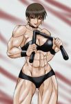  1girl abs armband biceps black_bra black_panties bra bracelet breasts brown_hair choker cleavage collar earrings female jewelry king_of_fighters large_breasts lips muscle muscle_girl muscular_female navel panties red_eyes short_hair simple_background solo source_request strapless_bra swimsuit taroimo_(00120014) thick_thighs thighs three_section_staff underwear underwear_only vice 