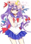  bishoujo_senshi_sailor_moon bow choker cosplay crescent earrings elbow_gloves gloves hair_bow hair_ornament hat jewelry long_hair makuwauri patchouli_knowledge pun purple_eyes purple_hair ribbon rough sailor_collar sailor_moon sailor_moon_(cosplay) skirt solo touhou tsuki_ni_kawatte_oshioki_yo violet_eyes 