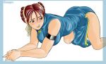  all_fours alternate_costume armlet ass blush breasts brown_hair champ+ china_dress chinese_clothes chun-li double_bun hair_ribbon large_breasts ribbon short_hair side_slit solo street_fighter 