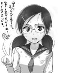  :d bust dripping glasses hot looking_at_viewer monochrome open_mouth original school_uniform serafuku sketch smile solo sweat sweat_stain sweating takebi translated translation_request twintails v white_background 